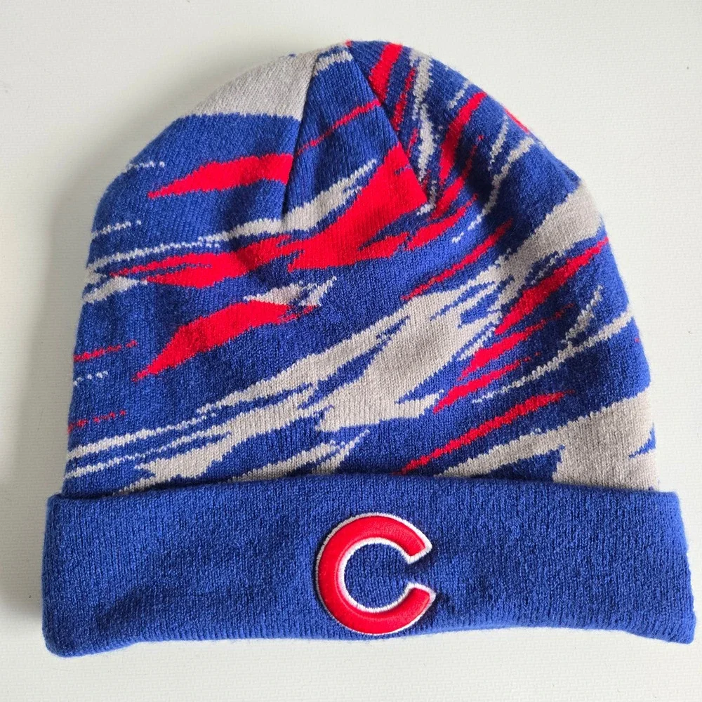 New Era‎ Chicago Cubs Knit Beanie Hat Red Blue Gray C Logo Tiger Stripes