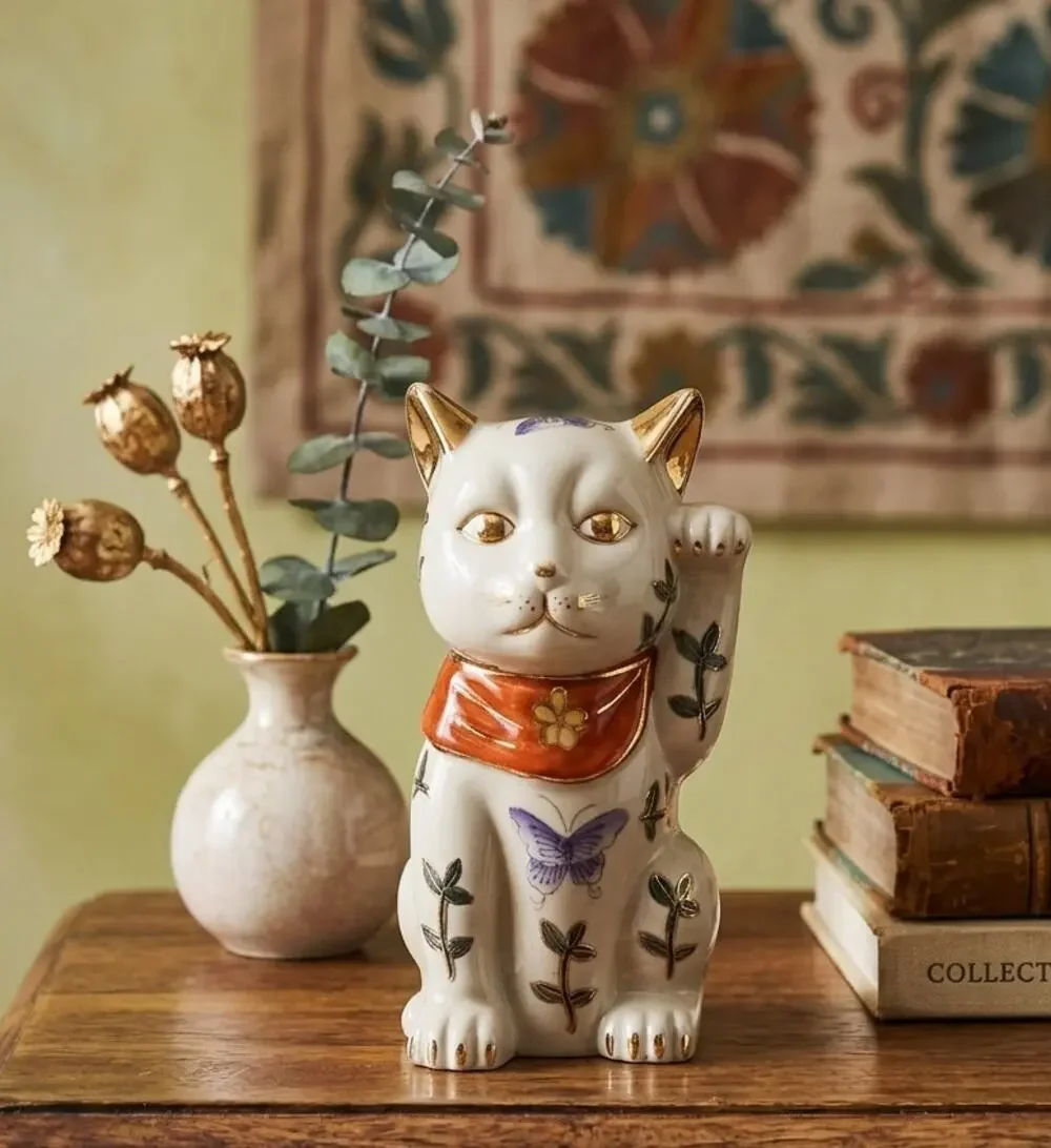 Vintage Maneki Neko Lucky Cat Figurine | White Ceramic Beckoning Butterflies