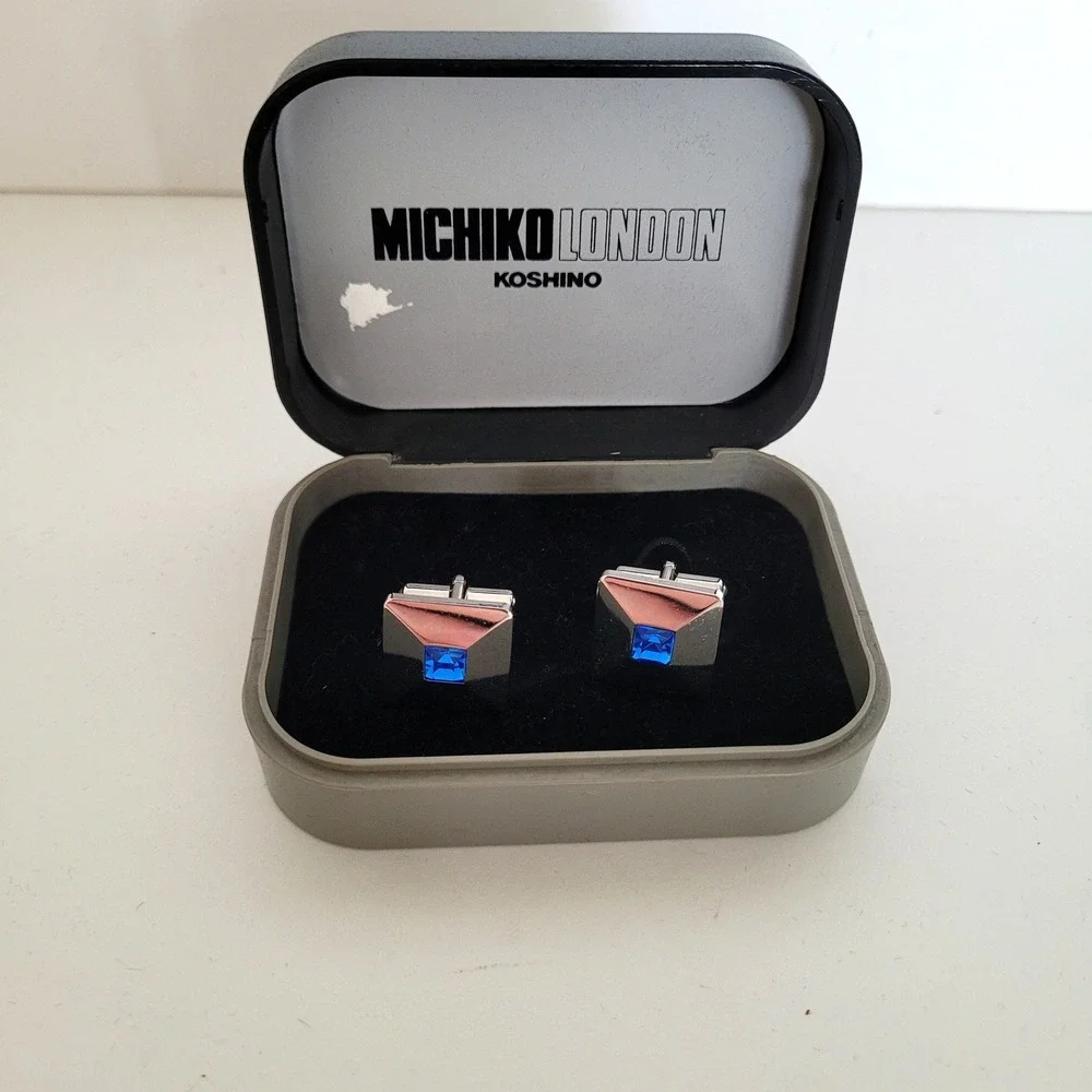 Michiko London Koshino Silver Tone Blue Crystal Square‎ Geometric Cufflinks Box