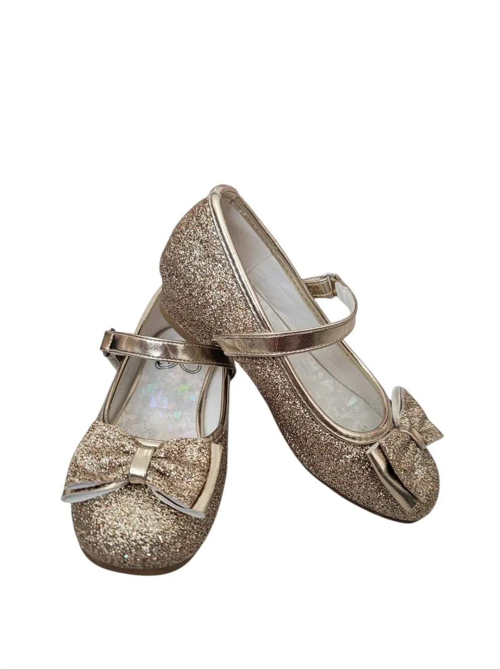 Girls 12 Gold Glitter Metallic Shimmer Wedding‎ Shoes Party Formal Bow Stelle