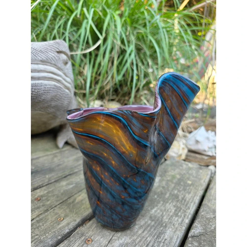 HGT Home Design Art Glass Handkerchief‎ Vase Blue Purple Swirl Ruffled Rim 10in