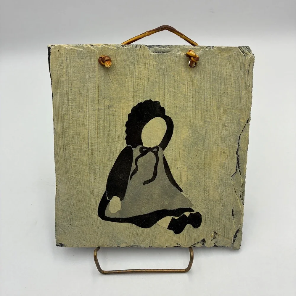Vintage Primitive Hand Painted Slate Wall Art Amish Girl Silhouette Farmhouse