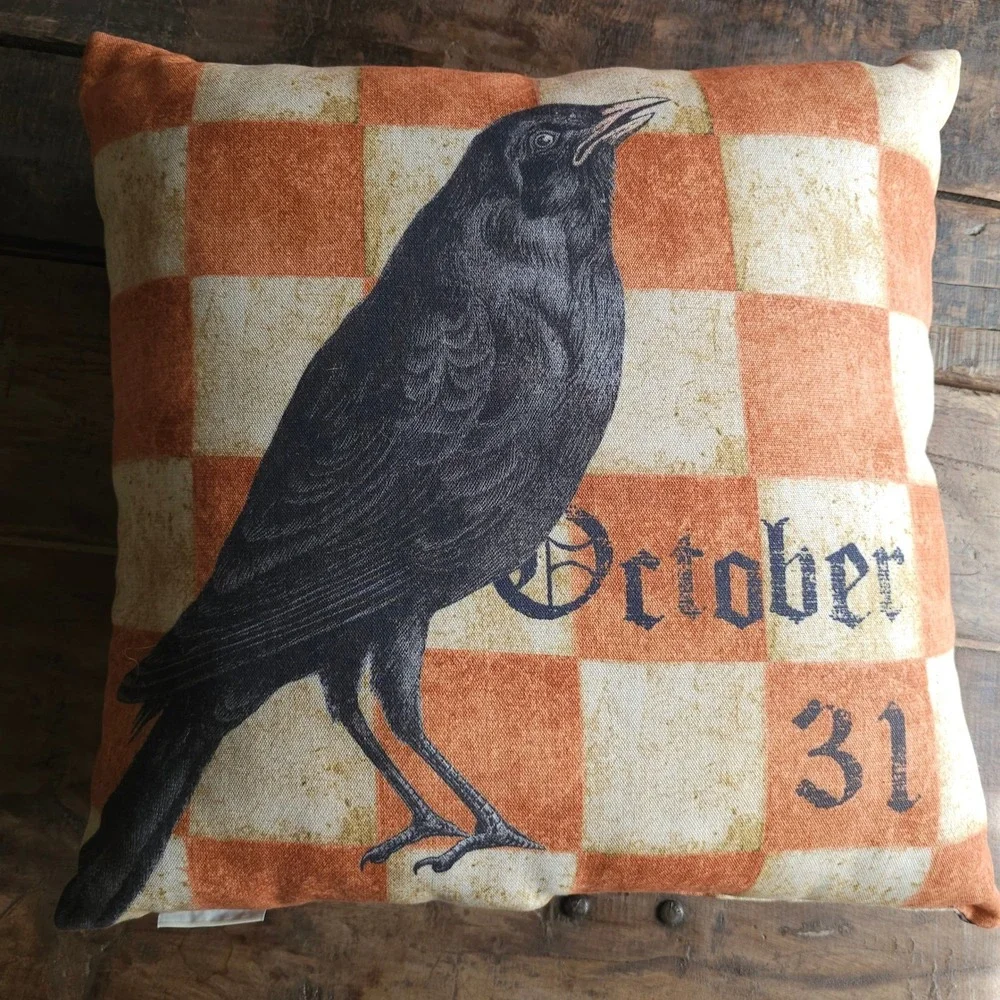 Pottery Barn Halloween Crow Raven October 31 Checkered Pillow 20