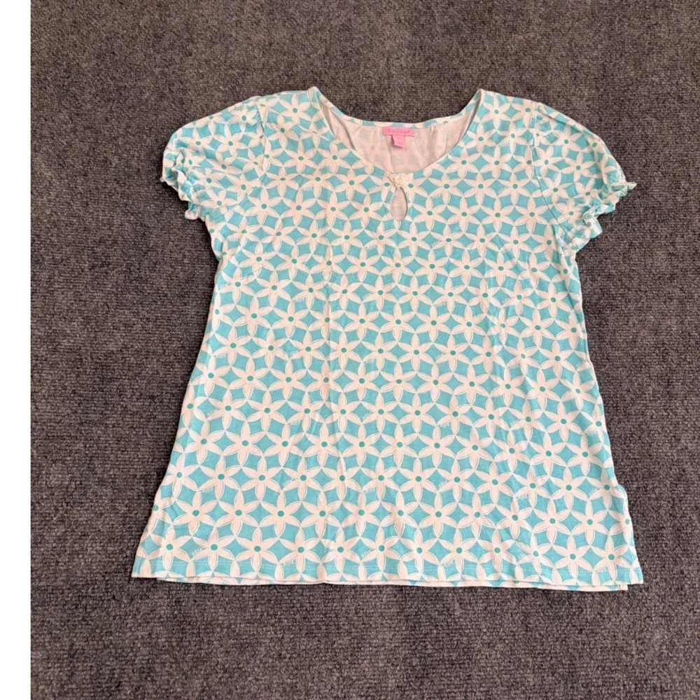 Lilly Pulitzer Aqua Blue White Floral Keyhole Puff Sleeve Top Small Cotton Modal
