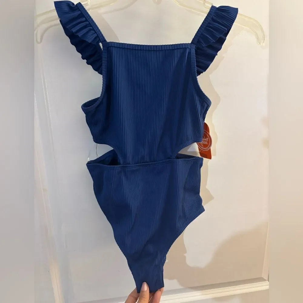 Girls Wonder Nation Blue Ruffled One-Piece Swimsuit Sz M 7/8