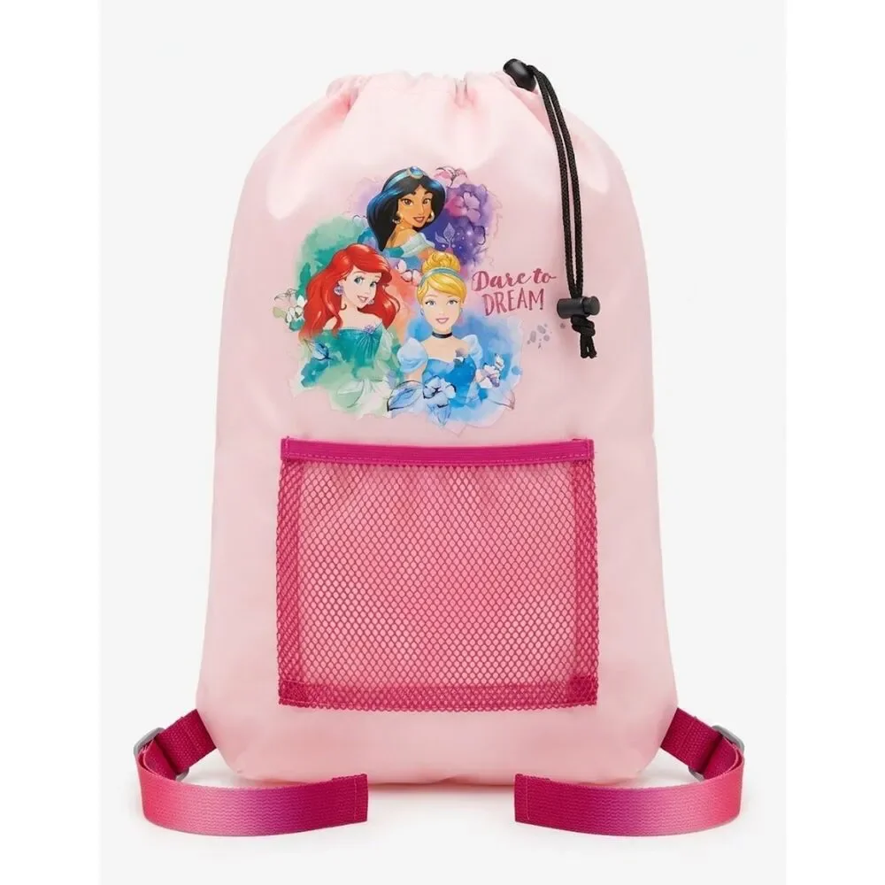 Disney Princess Pink Drawstring Backpack Ariel Cinderela Jasmine Mesh Pocket Bag