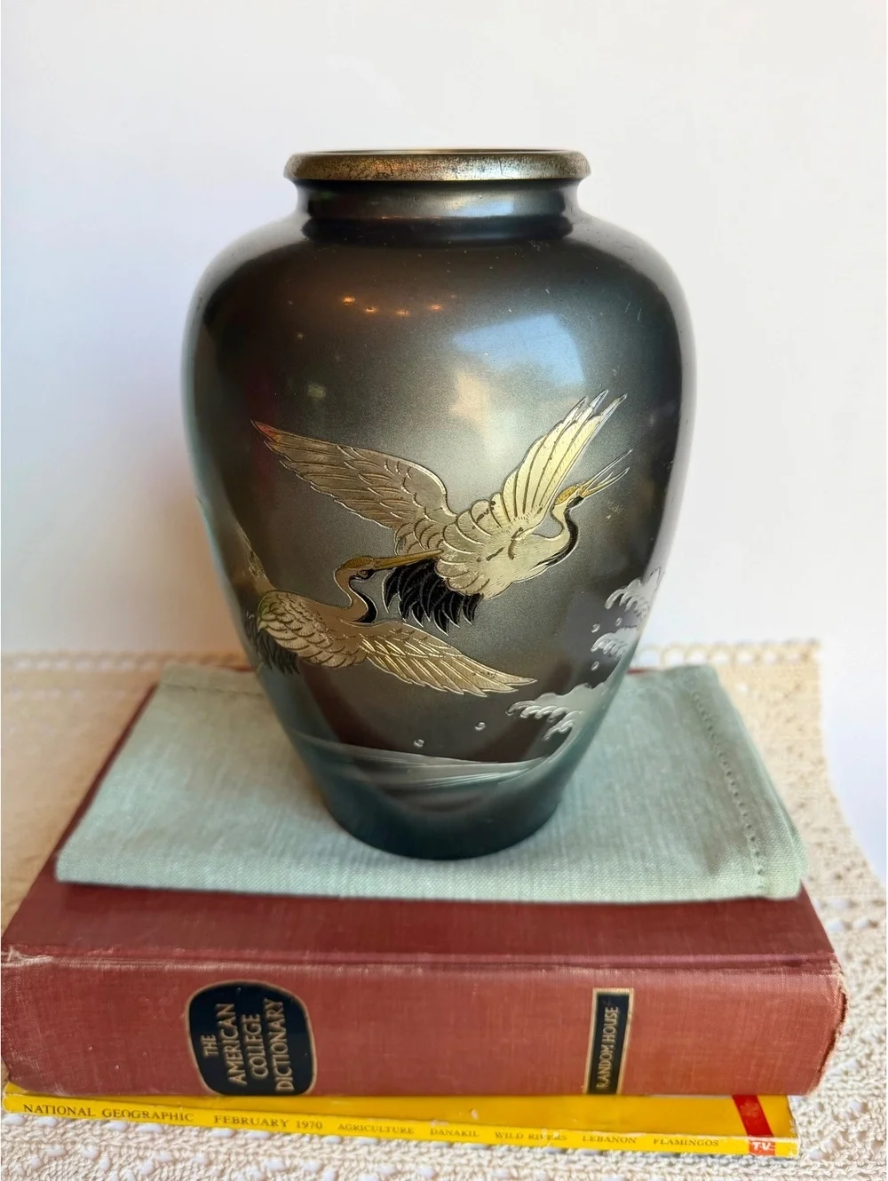 Vintage Japanese Metal Vase Cranes Herons Etched Waves Made in Japan 8.5