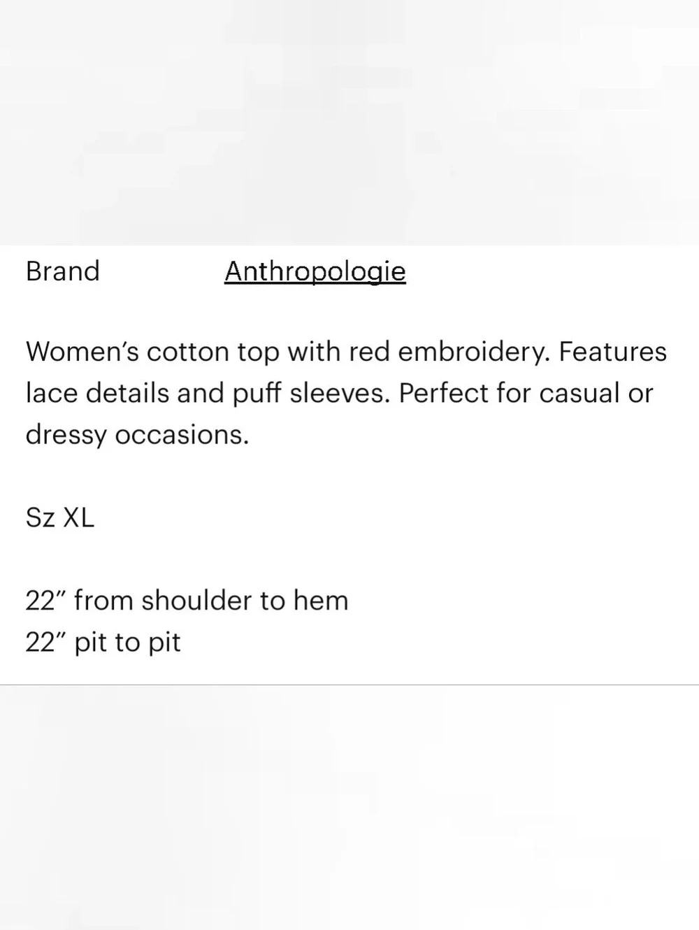 NWT By Anthropologie Puff Sleeve Cutwork Top with red embroidery Sz XL