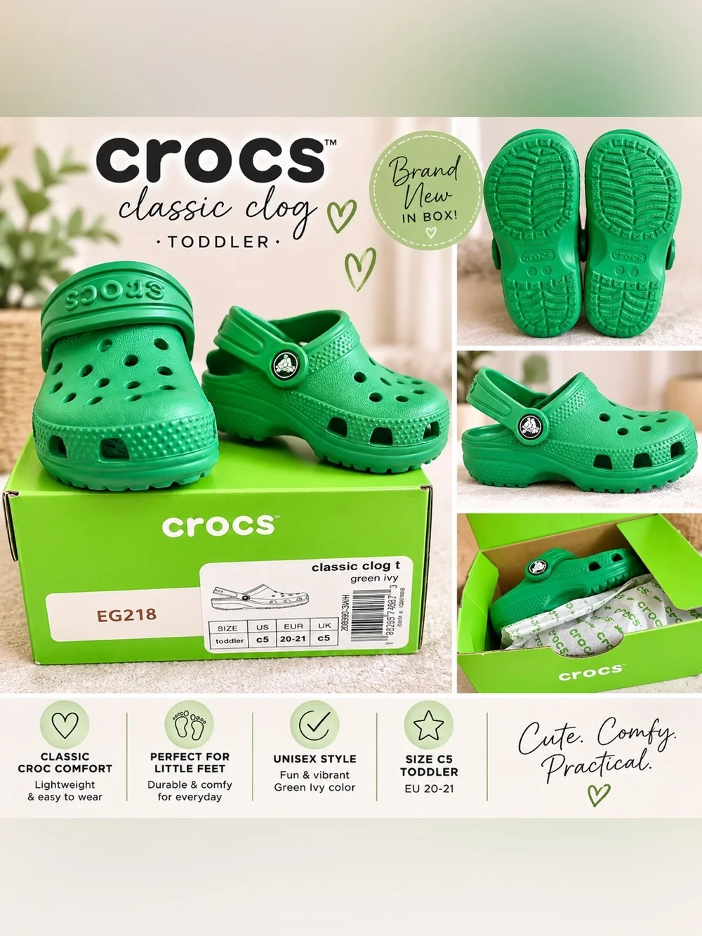 NIB Crocs Classic Clog Green Ivy Toddler Size C5 Kids Unisex