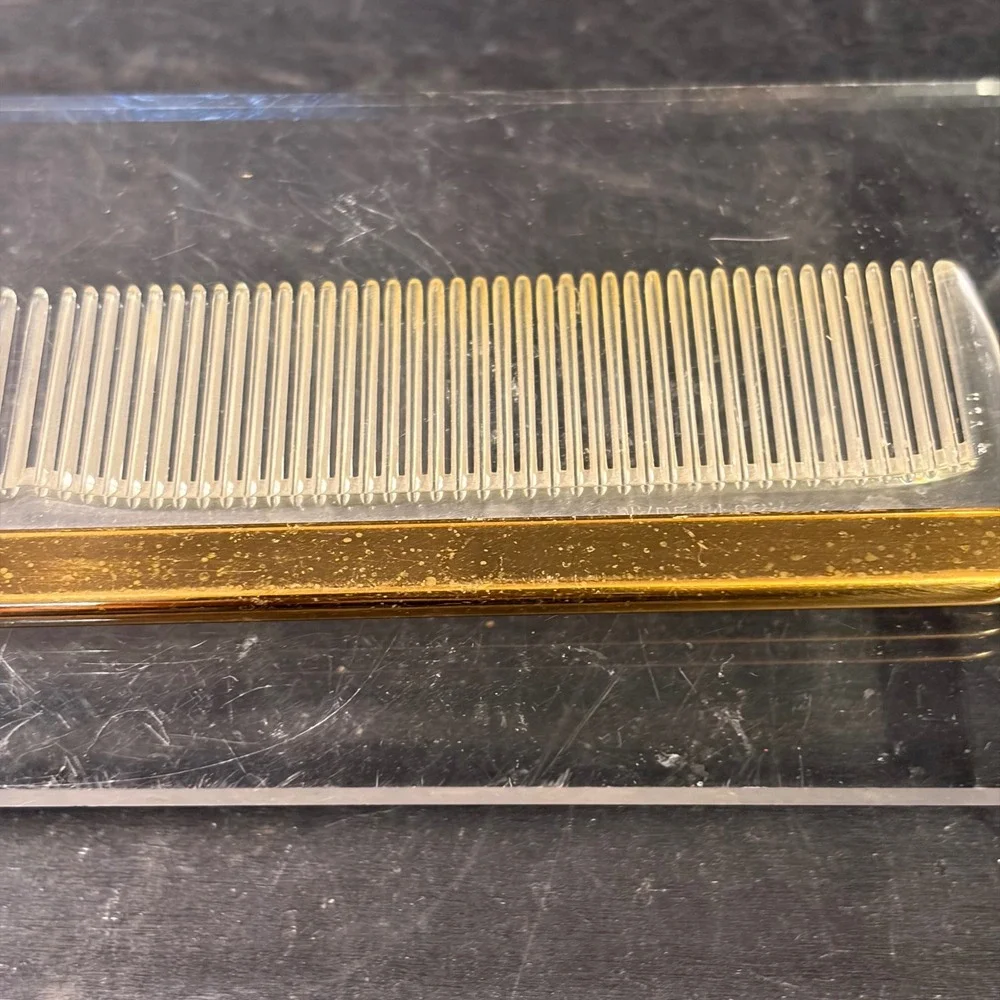 Vintage Lucite Hair Comb Gold Tone Metal Spine Clear Acrylic Made in USA 7 Inch