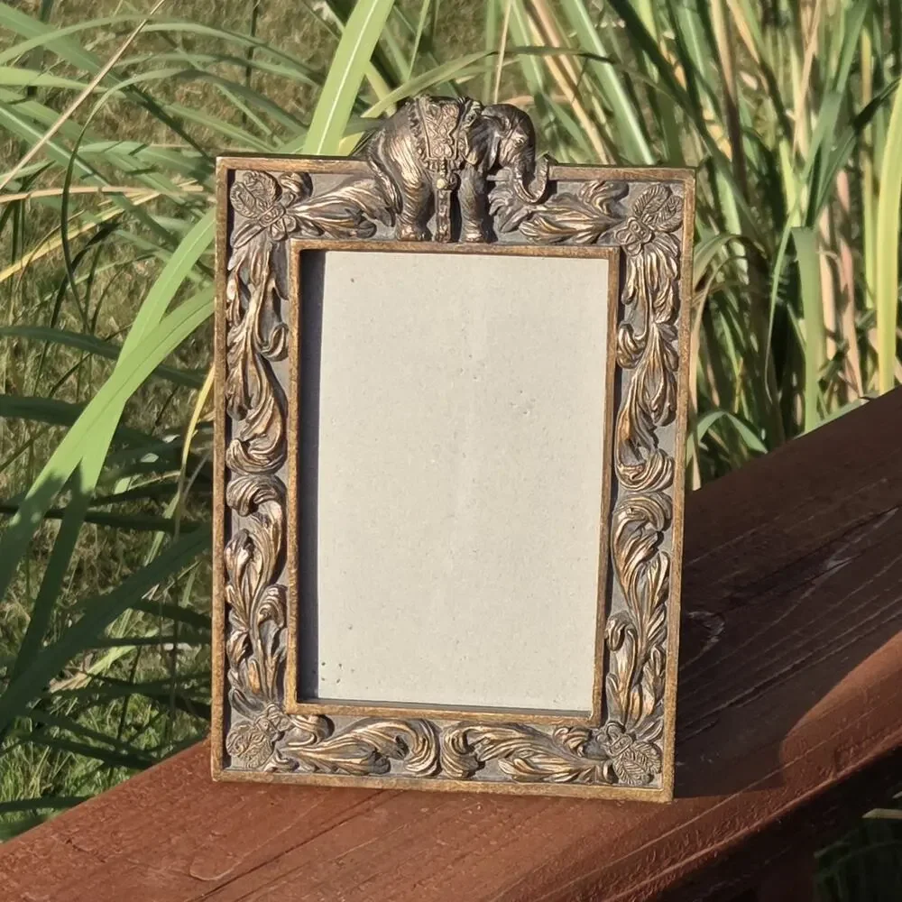Ornate Elephant Picture Frame Bronze Gold Floral Indian Boho Tabletop Decor