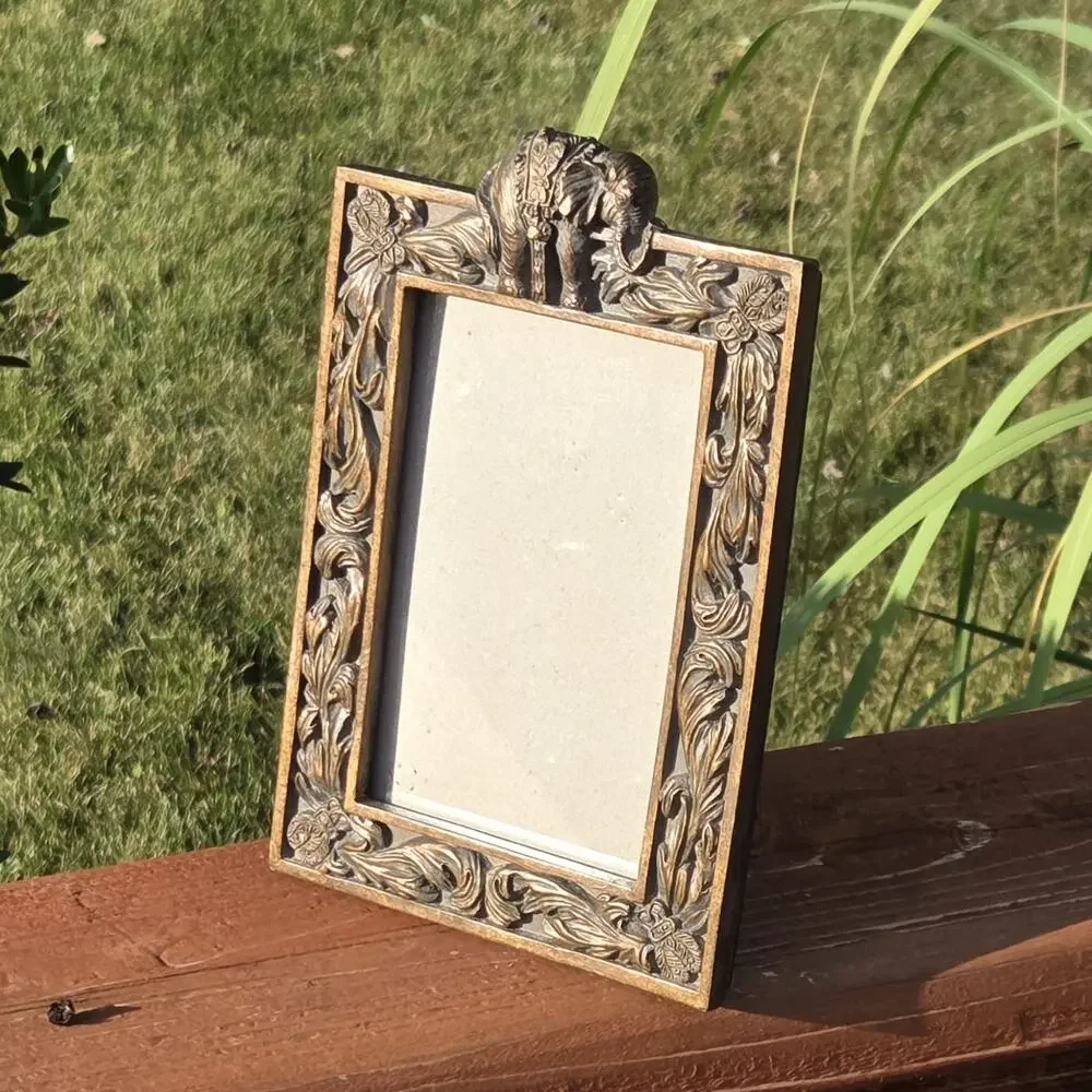 Ornate Elephant Picture Frame Bronze Gold Floral Indian Boho Tabletop Decor