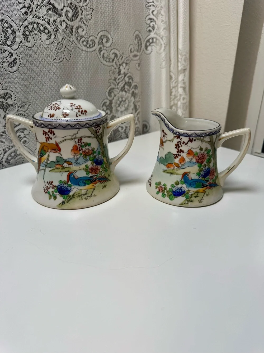 Vintage Japanese Lusterware Sugar Bowl & Creamer Set,Hand Painted Pheasant Torii