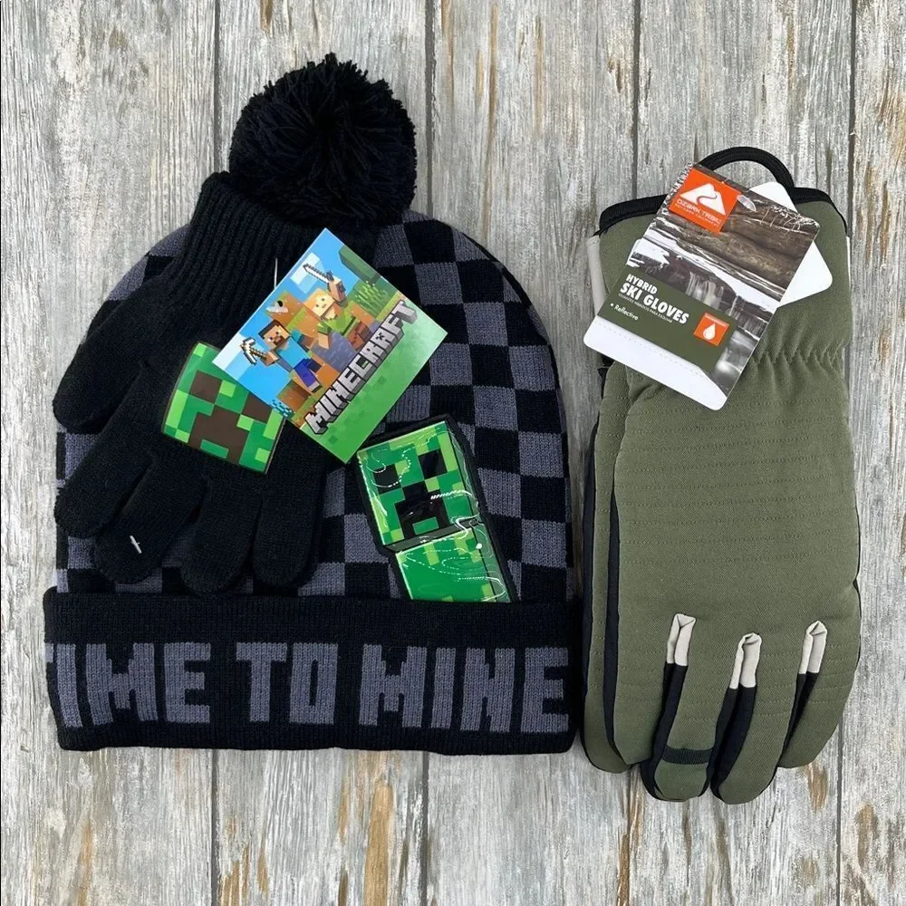 Minecraft Beanie Hat Knit & Ski Gloves 3-Piece Set