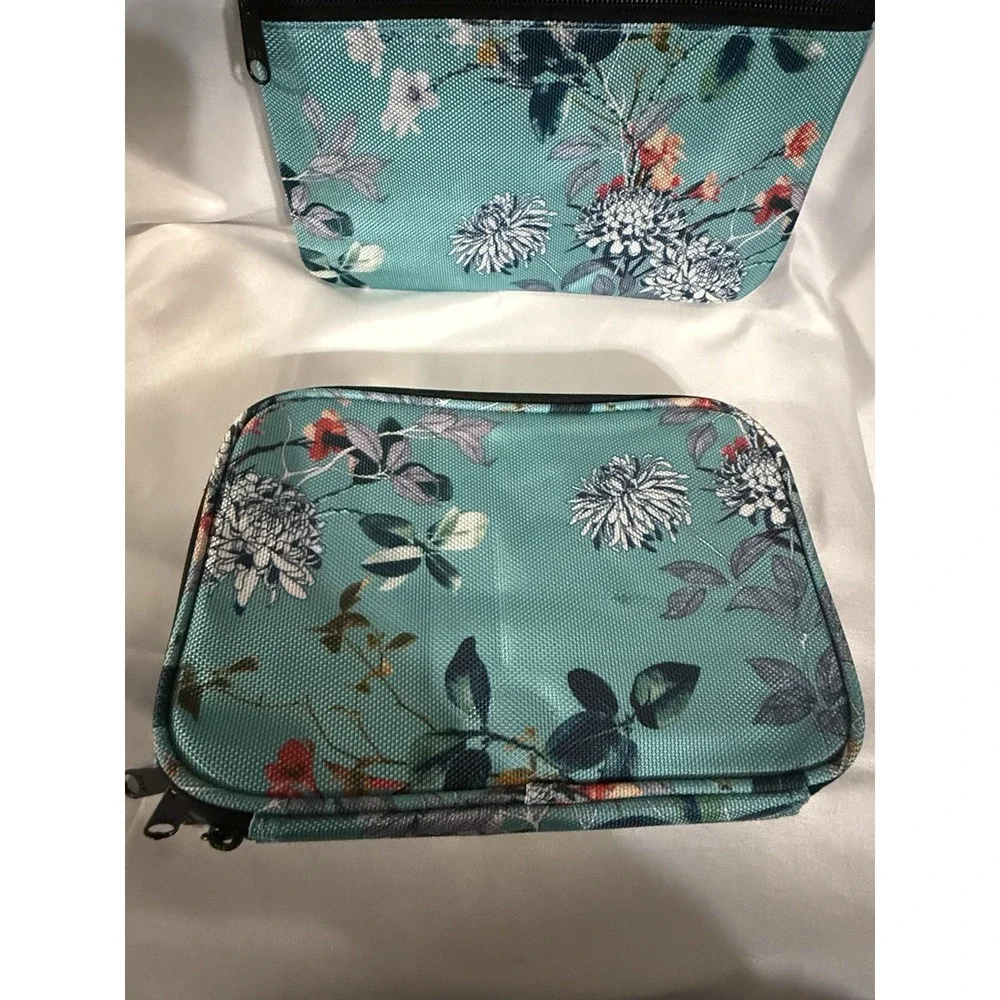 B&C Hanging Travel‎ Organizer Bags Set Turquoise Flowers Multi-pockets