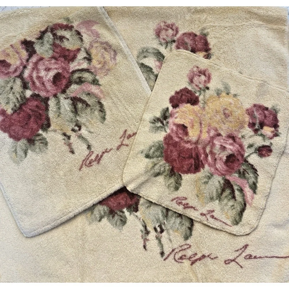 Vtg‎ 3 pc Ralph Lauren Kathleen Bath Towel Set Bath Hand Face Cloth Yellow Roses