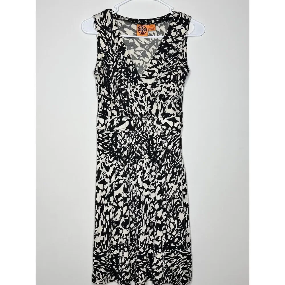 Tory Burch Black Ivory Abstract Print 100% Silk Jersey‎ Wrap Dress Womens Small