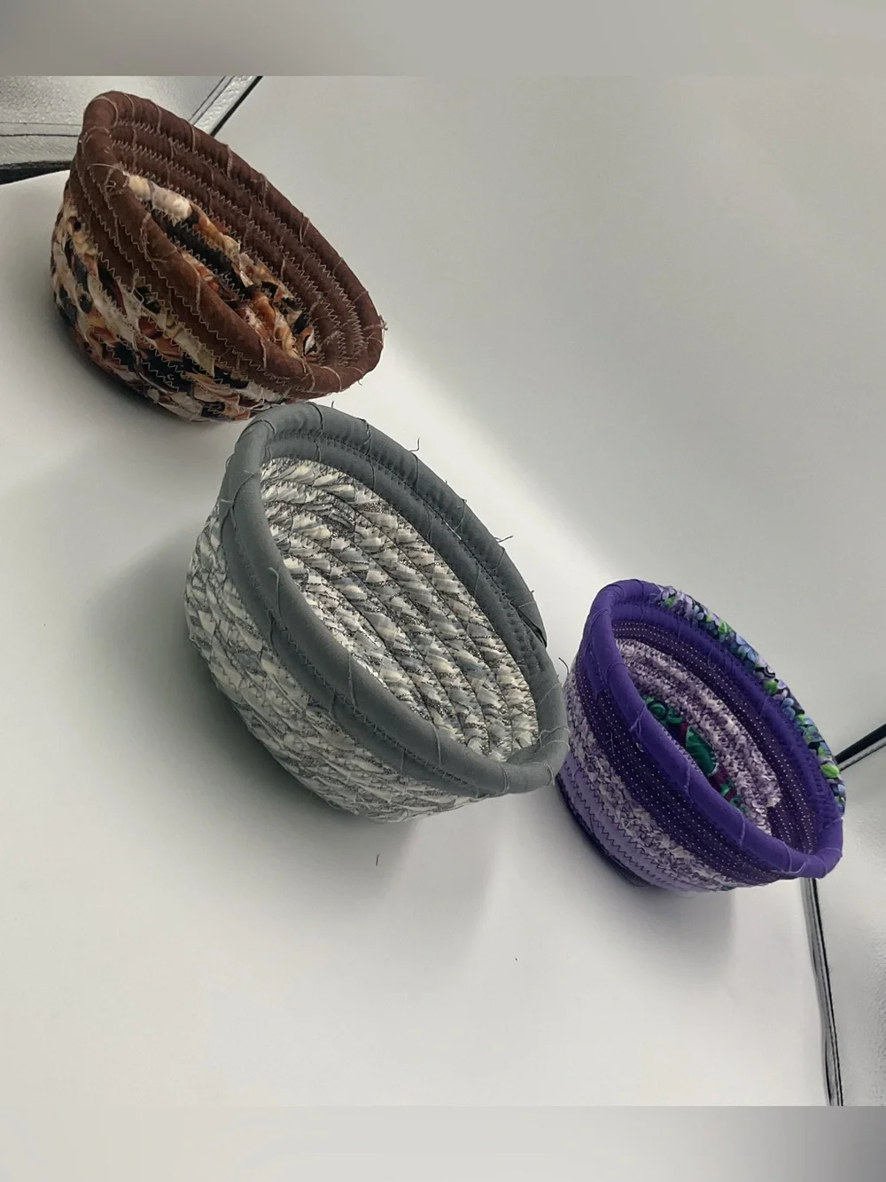 Hand Crafted Coil Baskets in Gray, Purple and Brown
