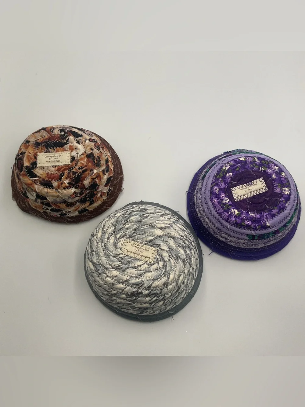Hand Crafted Coil Baskets in Gray, Purple and Brown