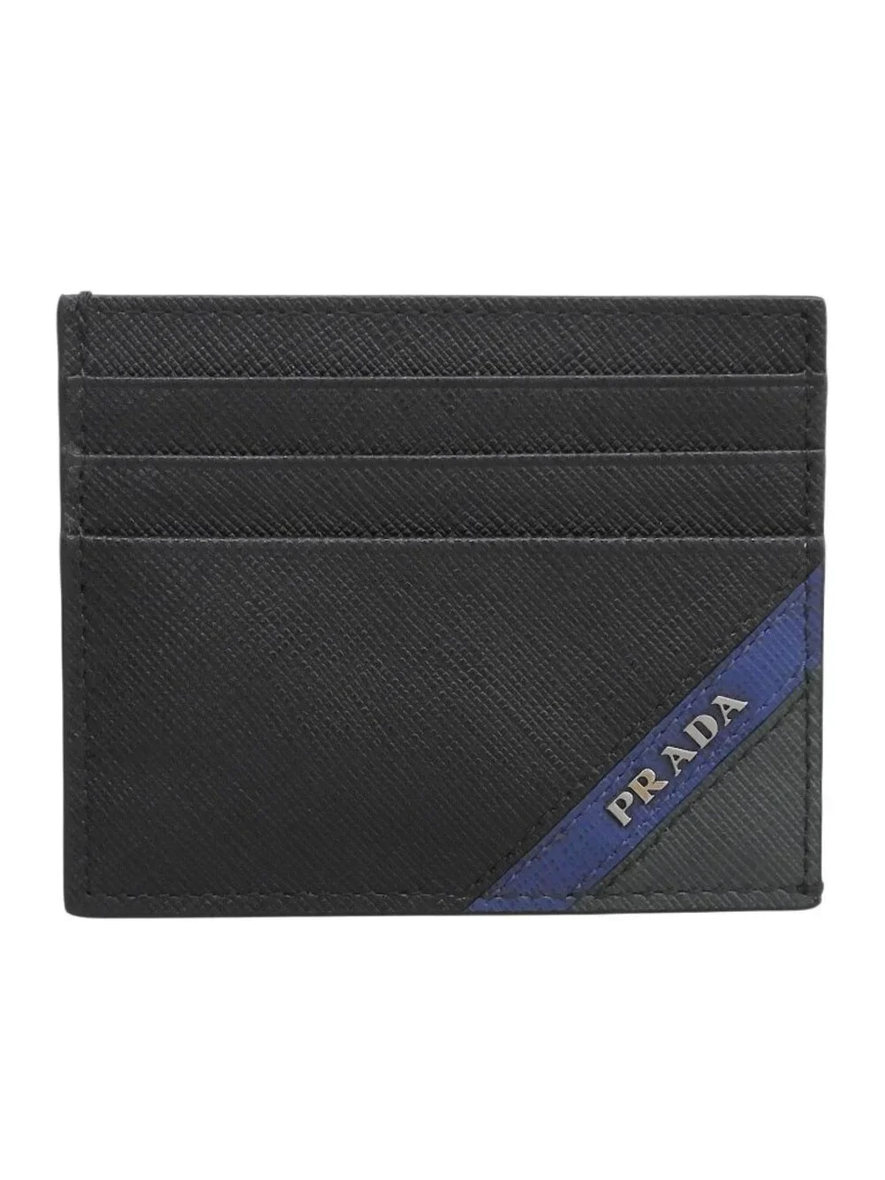 Prada Saffiano Leather Stripe Logo Business Card Case Black