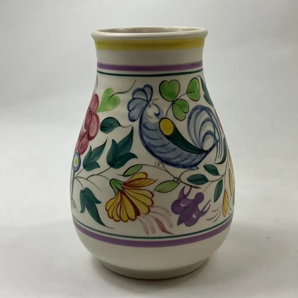 Vintage Poole Pottery Vase Rooster Floral Folk Art Hand Painted Ceramic 6