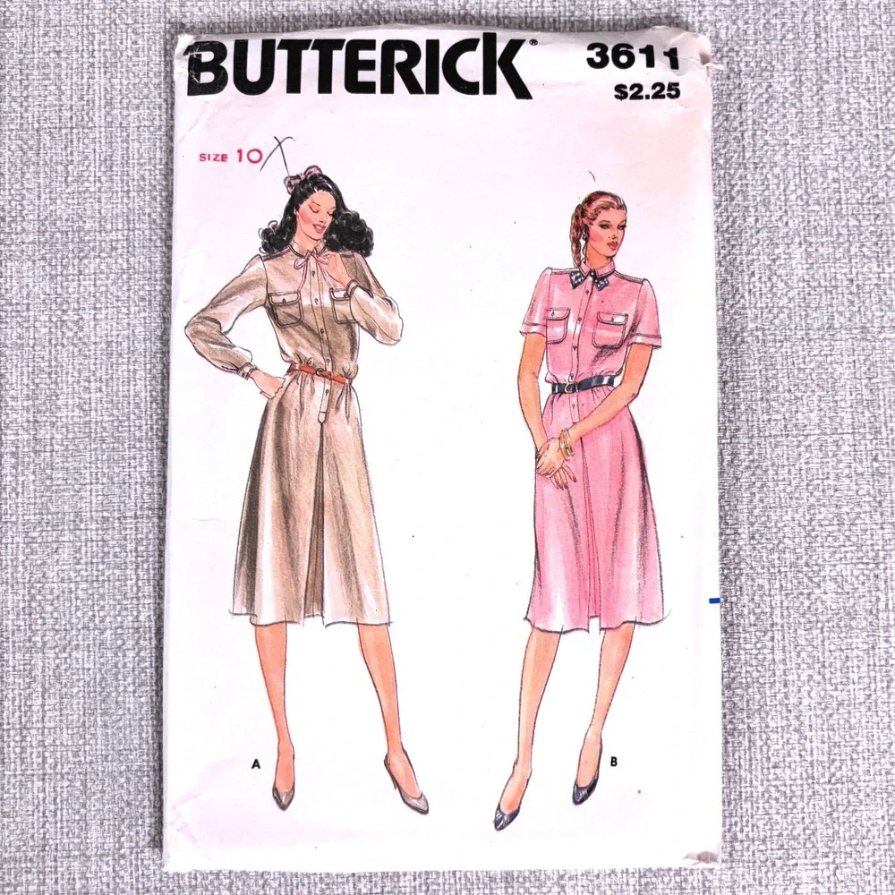 Butterick 3611 Safari Chic Button-Up Shirt Dress Sz 10 Preppie Classic Vtg 70s