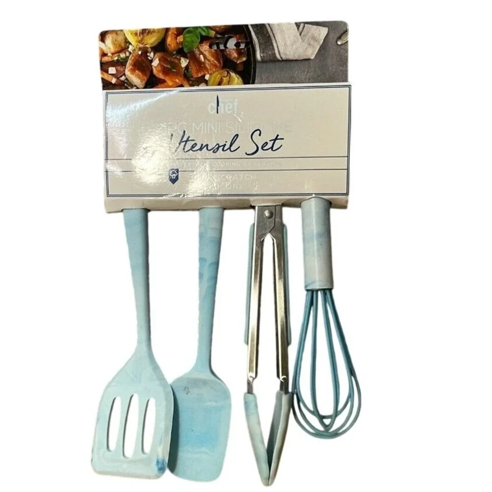 Modern Chef Mini Utensil Set 4pc Blue Marble Silicone‎ Spatula Tongs Whisk NEW