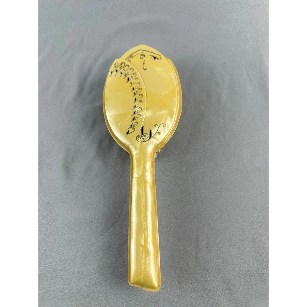Art Deco Yellow Celluloid‎ Vanity Brush w Black Scroll Design