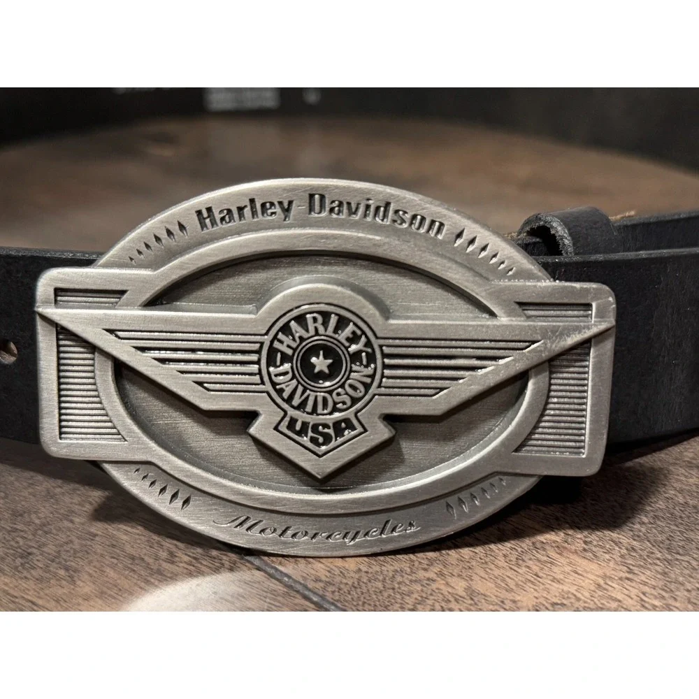 Y2K 2000 Harley Davidson USA Belt Buckle & Size 42 Black Harley‎ Belt Leather