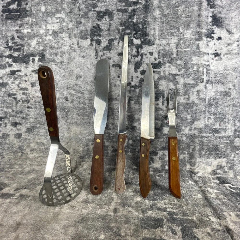 Vtg EKCO Oneida USA 5 Pc‎ Kitchen Utensil Lot Wood Handle Stainless Steel