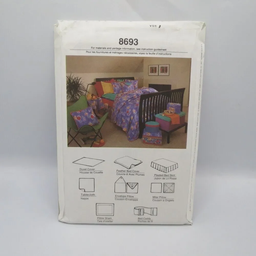 Simplicity 8693 Bedroom Duvet Cover Skirt Pillow Sham ONE SIZE 1990s Decor