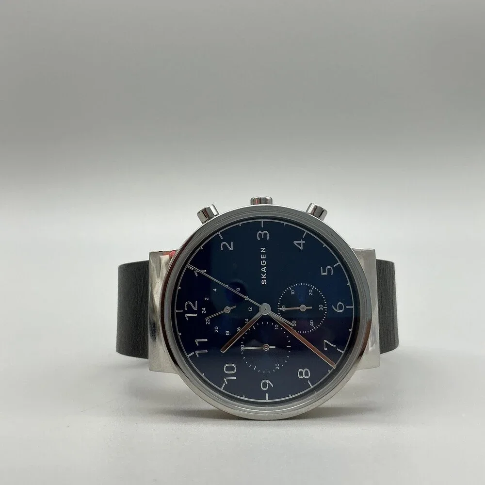 Skagen Ancher SKW6477 Mens Watch 40mm Blue Dial Black Leather Chrono New Battery