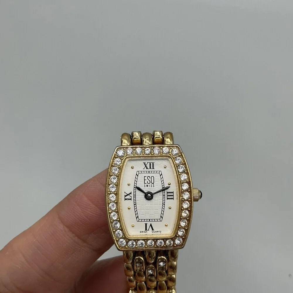 ESQ Swiss Womens Watch 19mm Gold Tone Rectangle Crystals Swiss New Battery 6.5