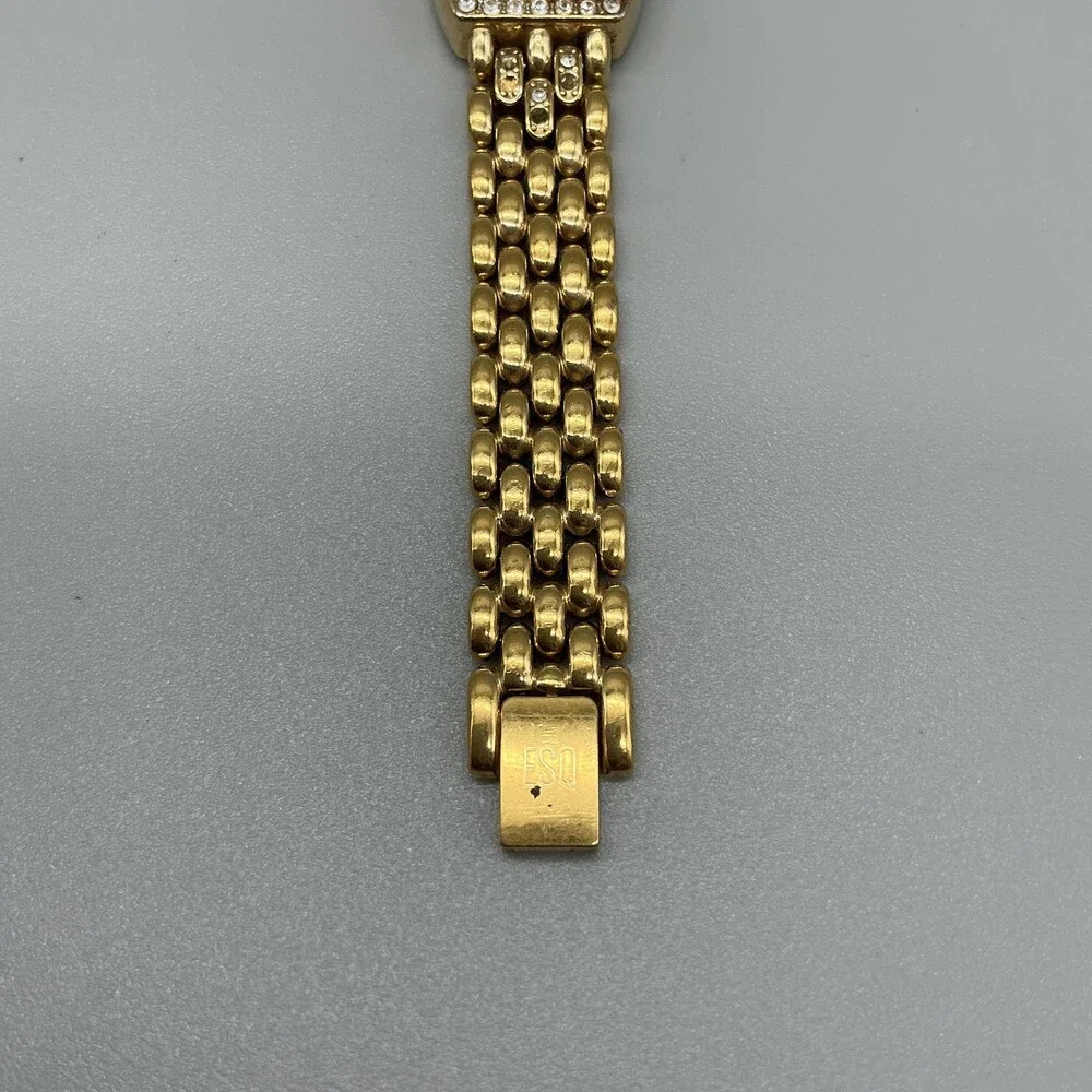 ESQ Swiss Womens Watch 19mm Gold Tone Rectangle Crystals Swiss New Battery 6.5