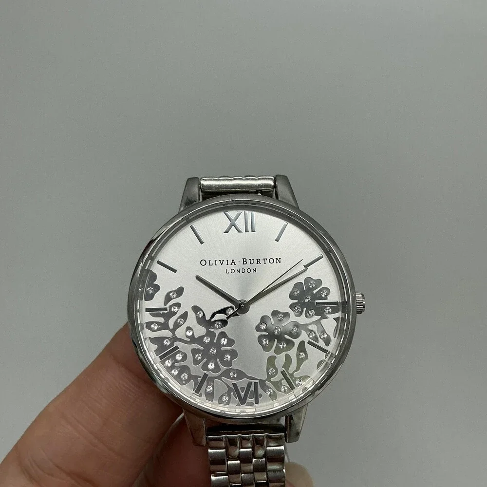 Olivia Burton Womens Watch 34mm Silver Floral Tone Bracelet New Batt 6.75