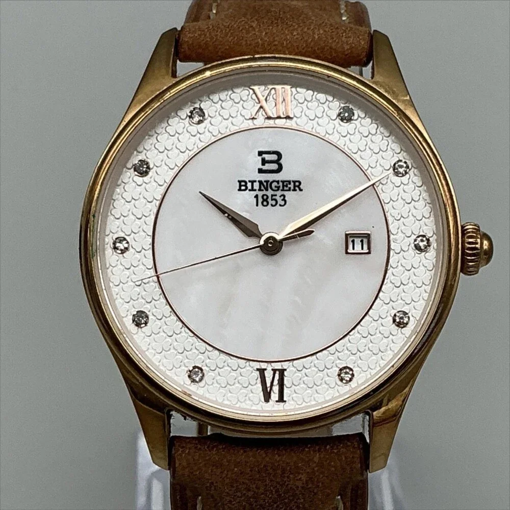 Binger B-3027L-1 Womens Watch 34mm White Dial Gold Tone Leather Date New Battery