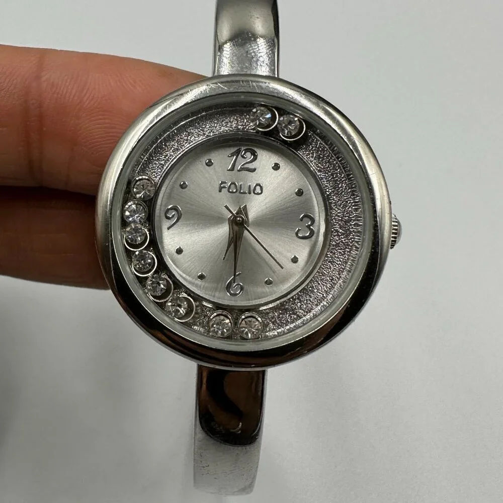 3/$30 Folio Watch Women Silver Floating Crystal Dial Bangle Band Works 6.75