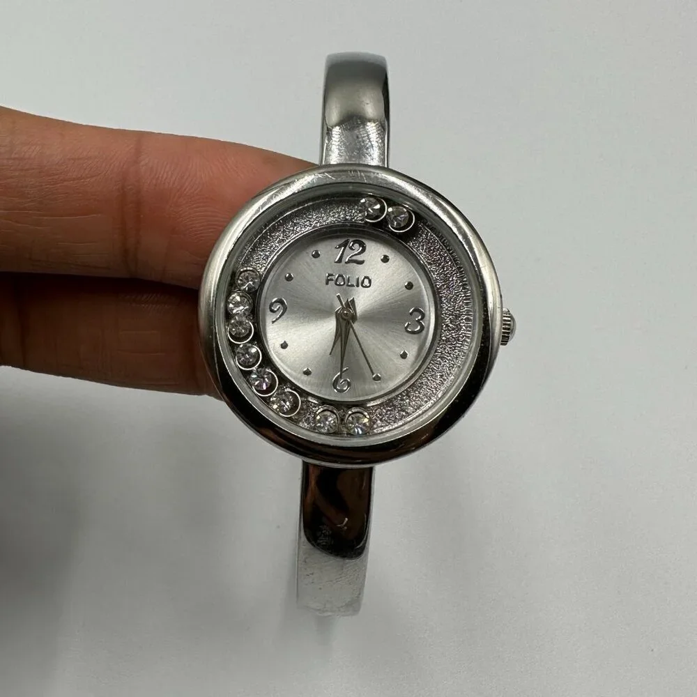 3/$30 Folio Watch Women Silver Floating Crystal Dial Bangle Band Works 6.75
