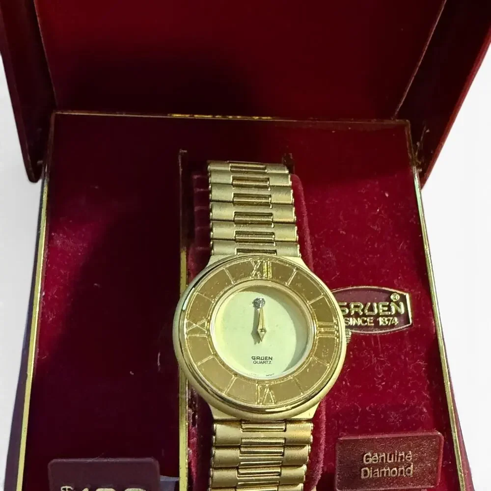 Vintage Gruen Precision Quartz Gold Tone Watch with Genuine Diamond & Box