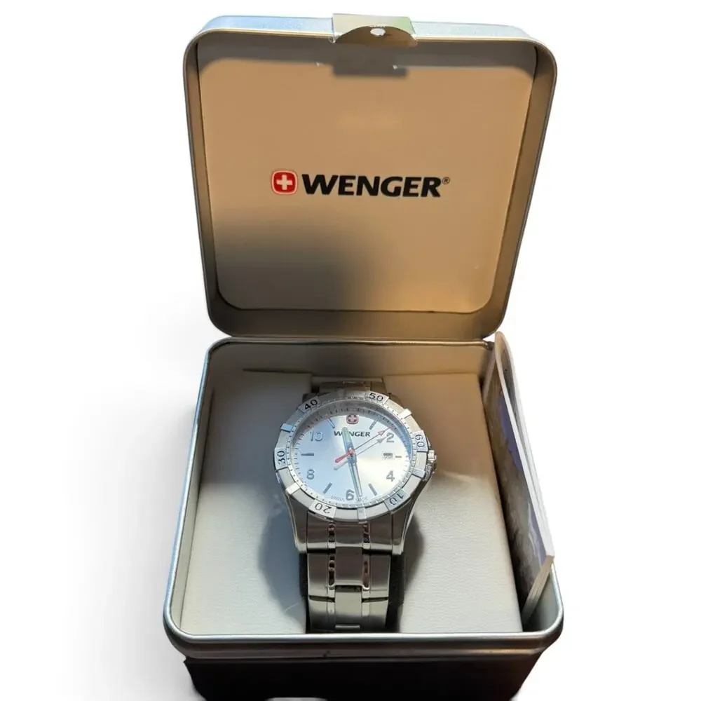 Wenger Swiss Made Men's Silver-Tone Date Display Quartz Wristwatch with Box