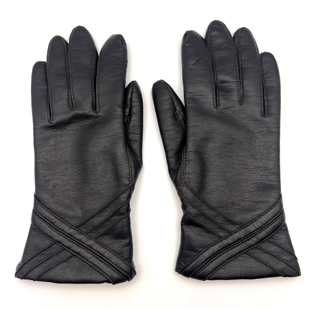 Vintage Fownes Gloves Women's Size A Black Faux‎ Leather WPL 9522 Fourchette