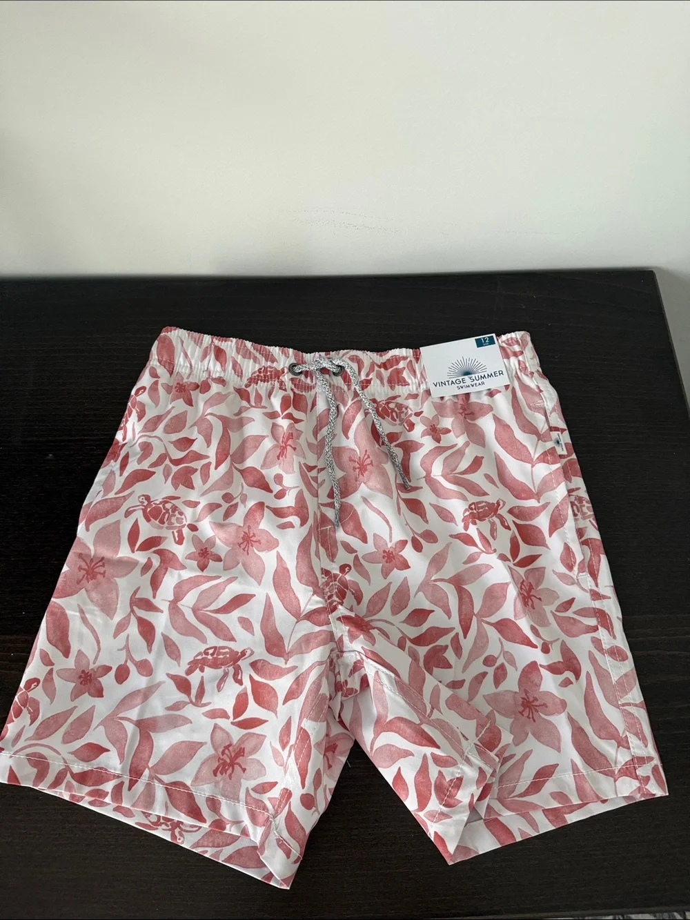 Boy’s Vintage Summer Floral Drawstring Swim Shorts - Coral/White 12Y