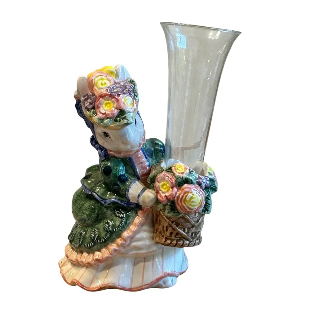 Fitz and Floyd Ceramic Bunny Girl Vase with‎ Glass Insert 1995 Cottagecore