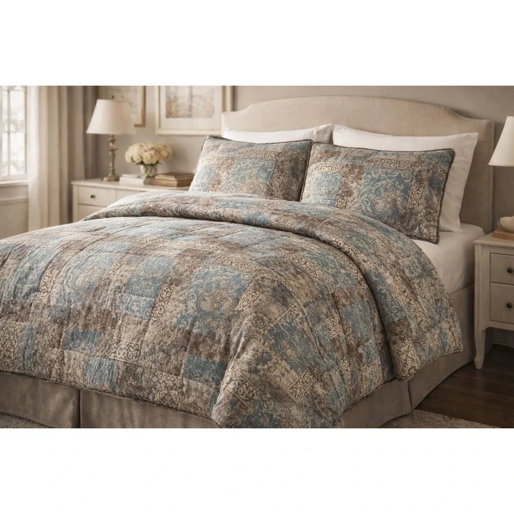 Croscill Comforter Set Full Size Blue Brown Damask‎ 3pc Shams Luxury Bedding