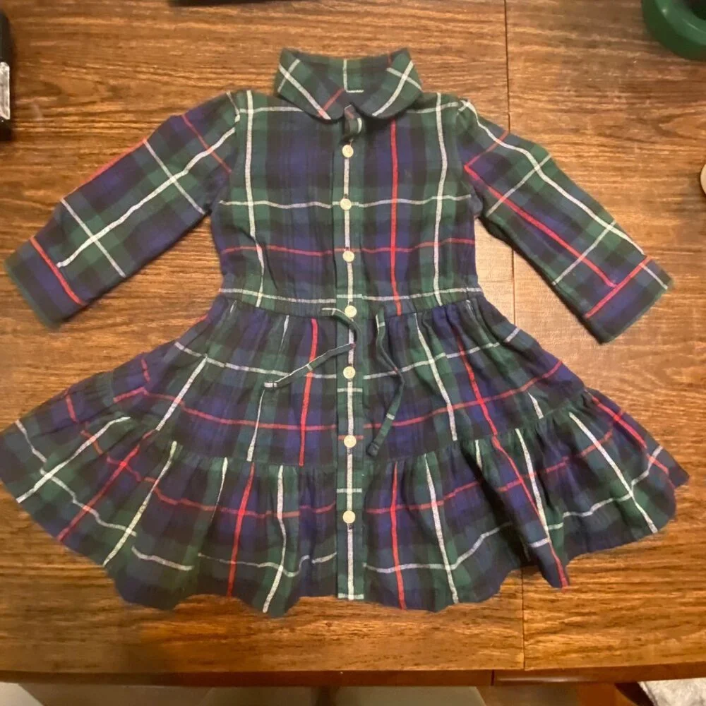 Ralph Lauren‎ Plaid Flannel 100% Cotton Dress Girl Size 12 Month Belted Holiday