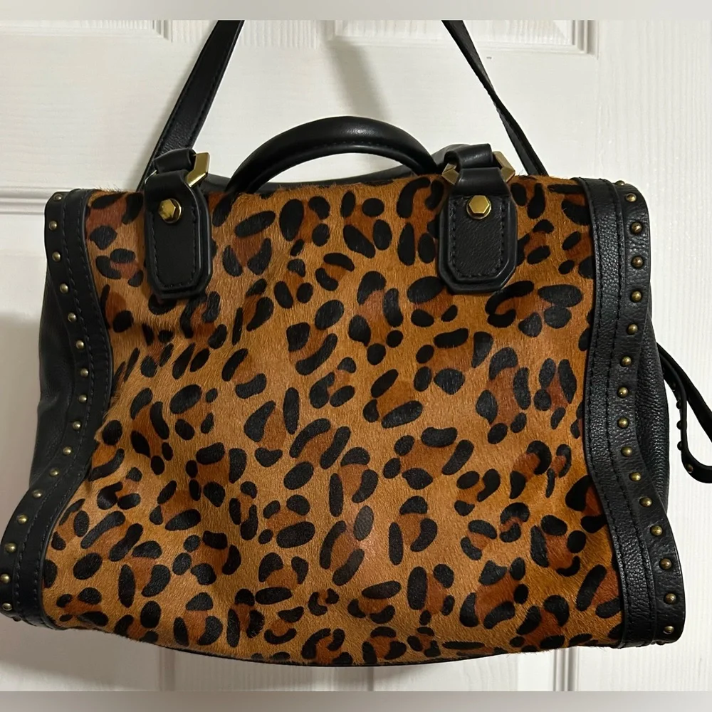 Leopard Print Satchel Handbag with Black Trim and Gold Accents