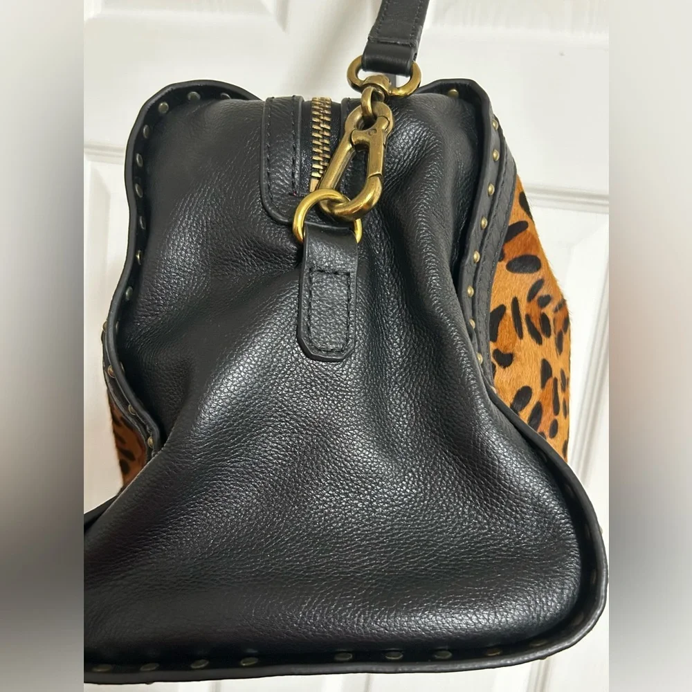 Leopard Print Satchel Handbag with Black Trim and Gold Accents