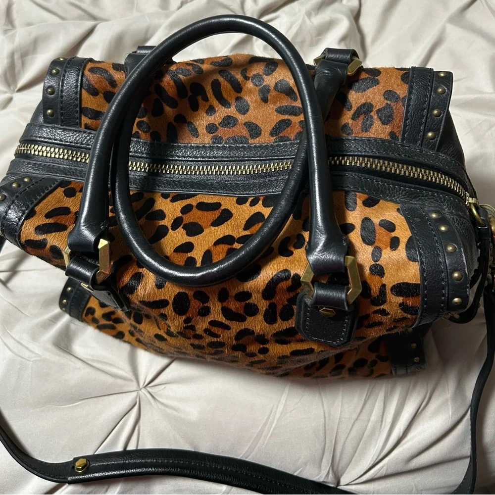 Leopard Print Satchel Handbag with Black Trim and Gold Accents