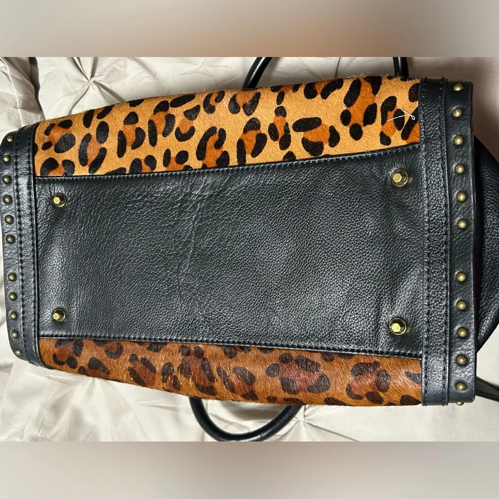Leopard Print Satchel Handbag with Black Trim and Gold Accents