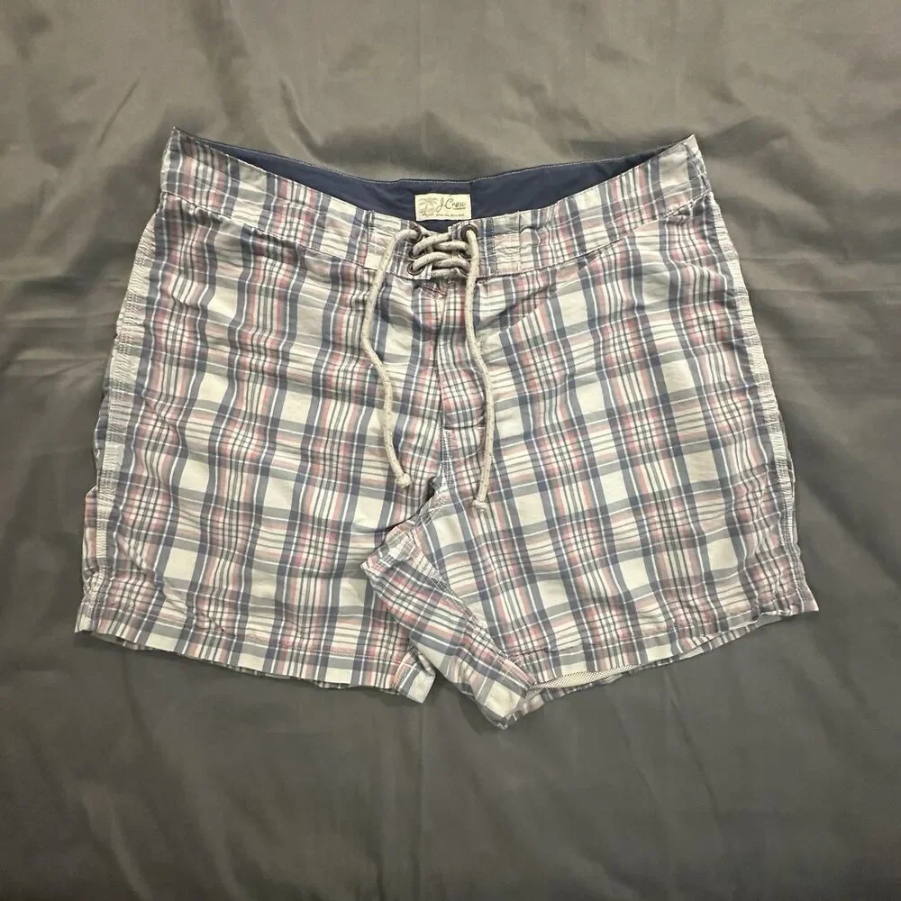 J Crew Swim Shorts Mens 35 Plaid Boardshorts Drawstring Lined Summer Beach Pool